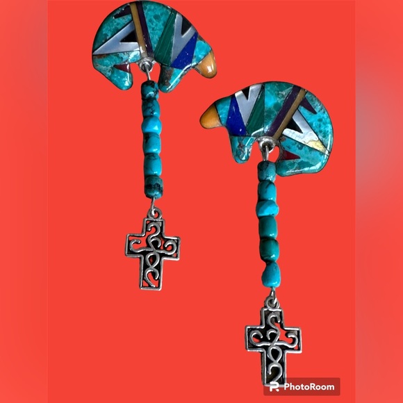 Gorgeous bear inlay sterling silver Native American turquoise sugilite earrings - Picture 3 of 12